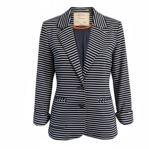 Anthropologie Cartonnier Navy White Striped Blazer Jacket Size Large Nautical